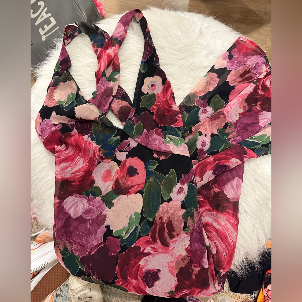 Lulu's Black Floral Halter Dress with Pink & Green Accents